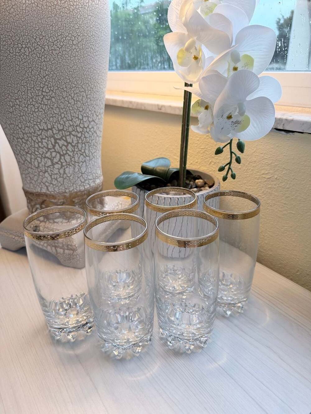 Vintage Pasabahce Versailles Gold Circle Rimmed Crystal Highball Glasses Set of